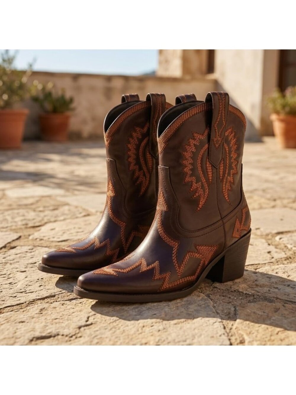 Women's Brown Western Ankle Cowgirl Boots Chunky Pointed Toe Wide Calf Boots